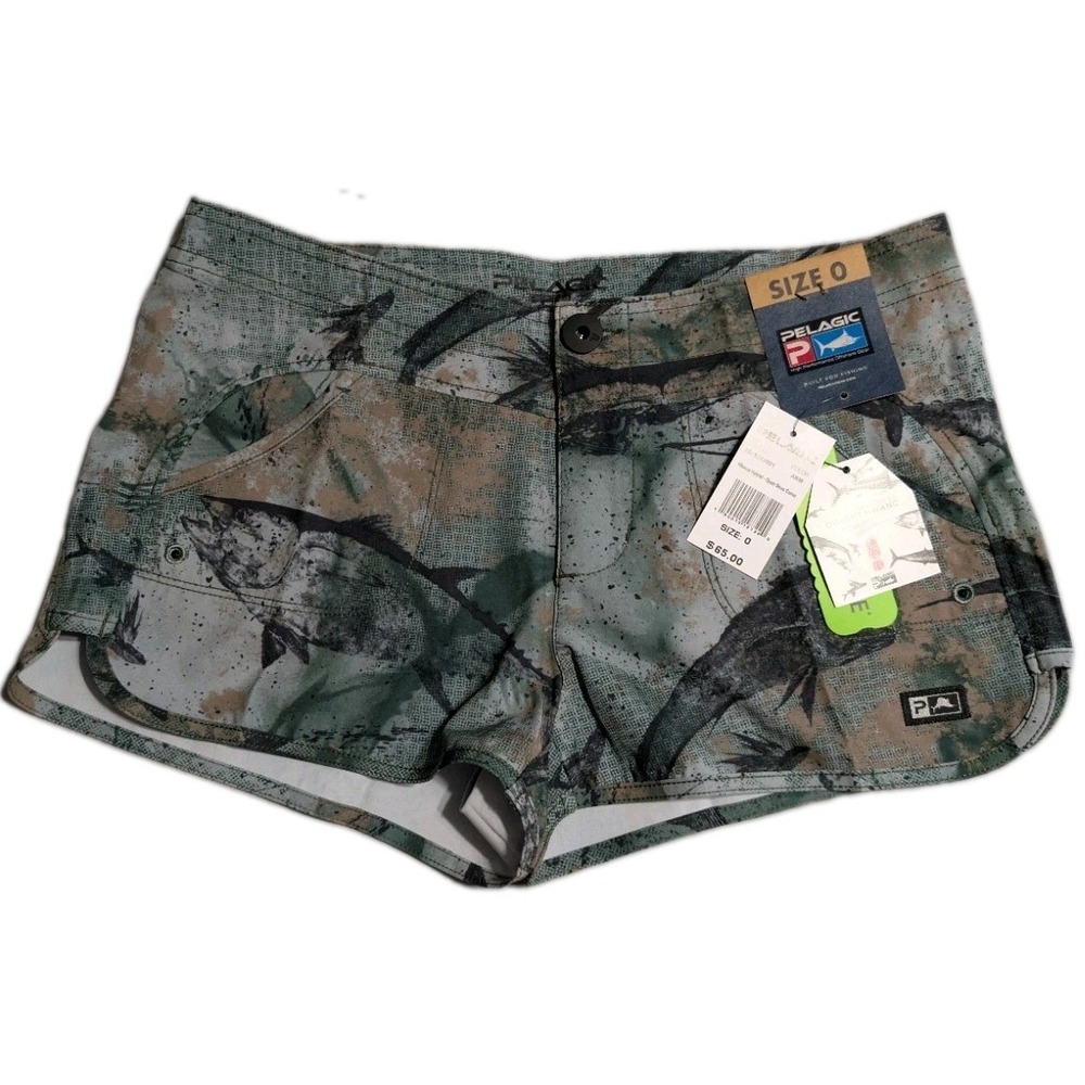 Pelagic Moana Hybrid Open Seas Camo Shorts‎ Womens Size 0 Fishing NWT Gyotaku